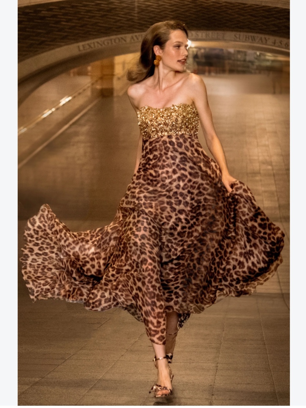 🐆👑Sachin + Babi Gold Sequined Bodice with Leopard-Print Strapless Gown